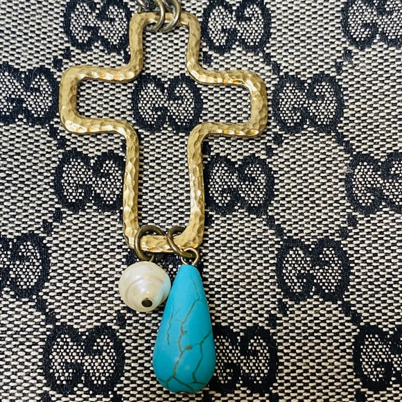 Luxury Logo Upcycled Canvas Bag Necklace with Vintage Cross Necklace W/ Pearl - Picture 13 of 17